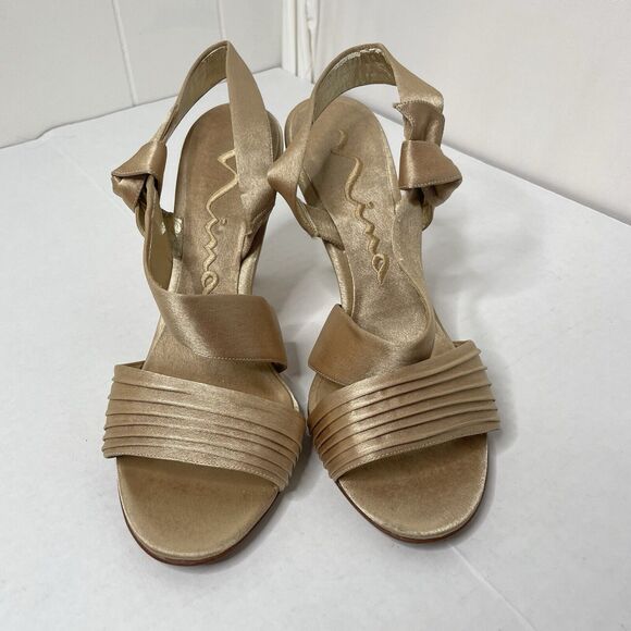 Nina Kitten Heels Shimmer Gold Bow Party Evening Y2K Peep Toe Glam 2000 8M - Picture 2 of 8